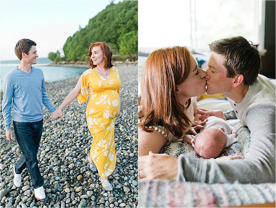 maternity session at rocky beach in yellow maxi dress, at home newborn session parents kiss