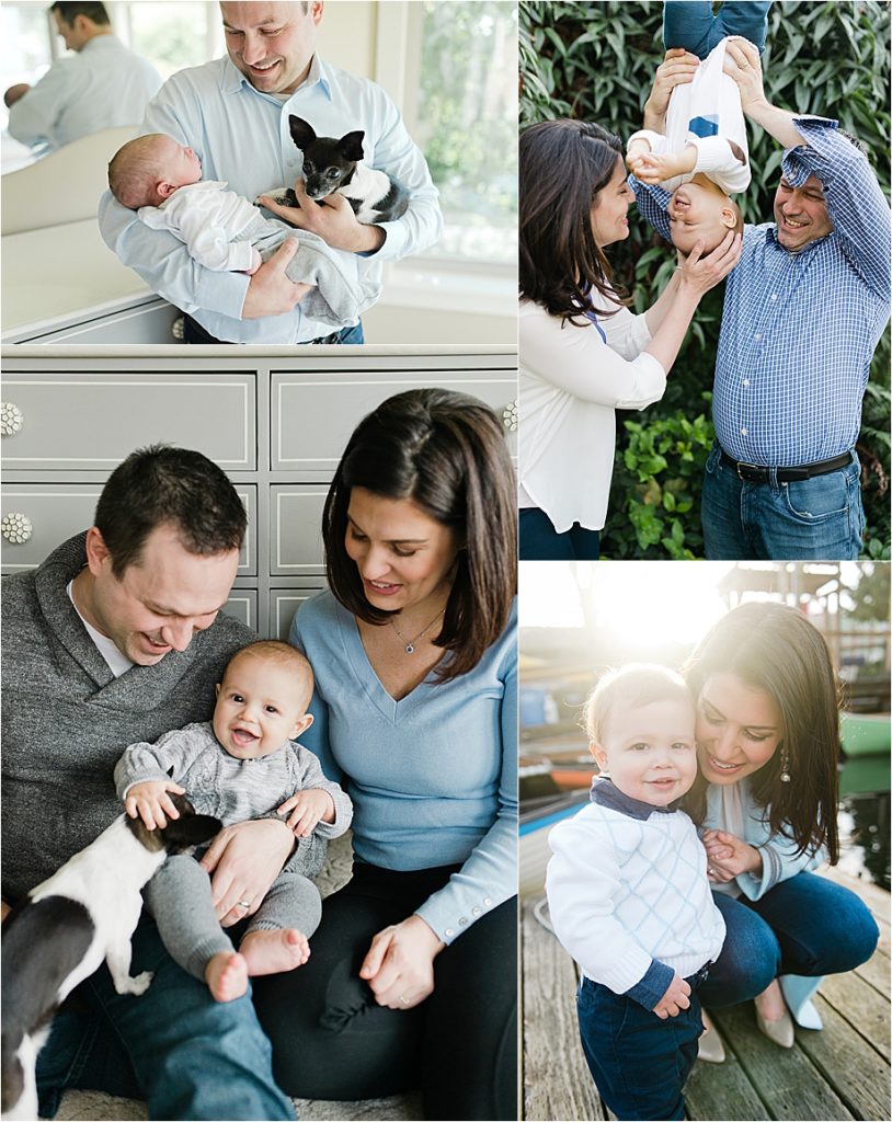 at home family sessions with babies and dogs